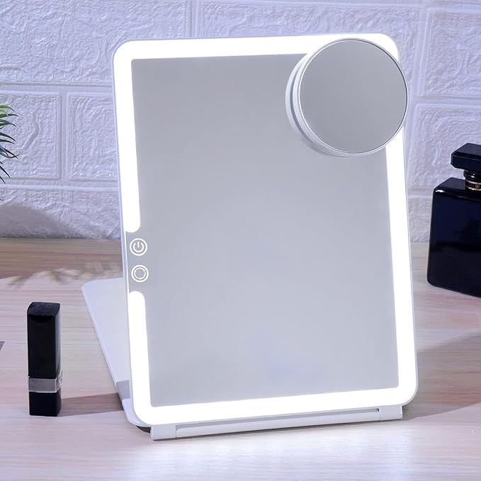 FUNTOUCH Rechargeable Large Travel Makeup Mirror with Lights, 1800mAh 10x7.5 Portable Lighted Makeup Mirror with 3 Color Lights, Dimming Folding Light Up Travel Mirrors with 10X Magnifying Mirror