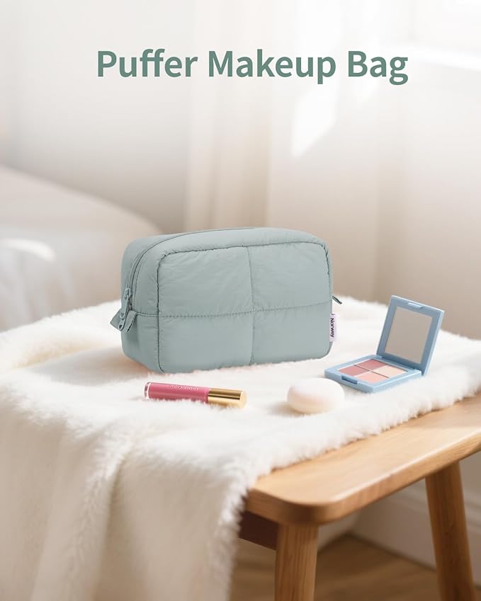 Narwey Makeup Bag Women Girls, Travel Toiletry Bag for Women, Puffy Cute Cosmetic Bag Organizer Make up Bag with Compartments (Sage Green)