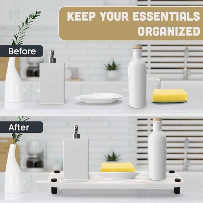 2pc Stone Drying Tray - Diatomite Sink Caddy Kitchen Sink Organizer - Water Absorbing Bathroom Counter Mat - Absorbent Kitchen Soap Tray (White)