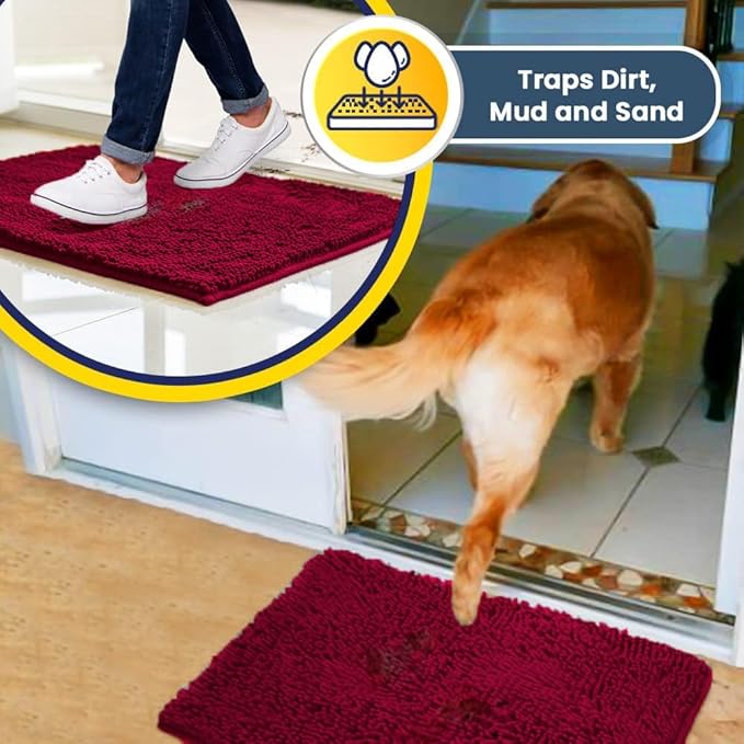Muddy Mat® | Super Absorbent Door Mat Indoor, Microfiber Quick Dry Chenille Entryway Rug, Non-Slip Front Door Mat, Indoor Mats for Entryway, Machine Washable Pet Rug, Maroon 35"x60"