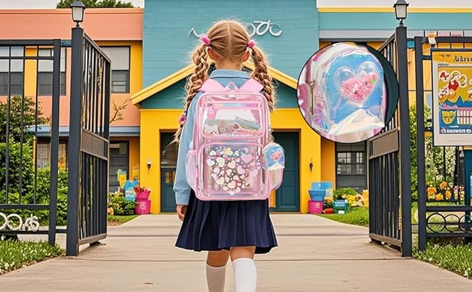 4Pcs Mini Backpack Keychain,Cute Cosmetic Bag for Women,TPU Clear Makeup Bag Key Pocket Lipstick Bag Card Holder Data Cable Organizer Zipper Pouch (Heart Crown Bow Star)