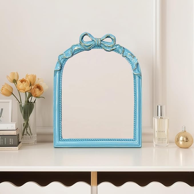 Blue Bow Mirror - 13x10 Inch Perfect Elegant Decorative Accent, Wall-Mounted Tabletop Makeup Mirror for Nursery Baby Room Bedroom Decor