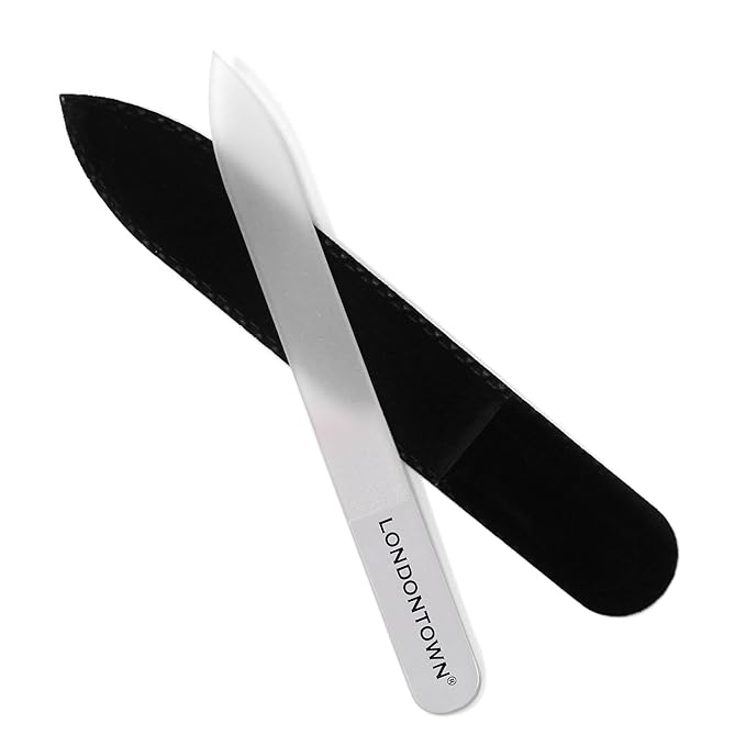 LONDONTOWN Clear Double-Sided Glass Nail File & Care Tool, Professional Grit Etched Crystal Manicure Accessory with Case Pouch