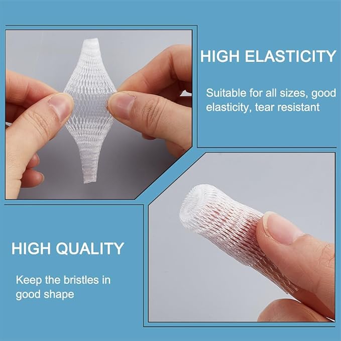 GORGECRAFT 200Pcs Makeup Brush Pen Guard Protector Net Reusable Thread Spool Savers Expandable Mesh Cover Plastic Sewin Thread Netting Machine Embroidery Net for Sewing Eyeshadow Brush, White