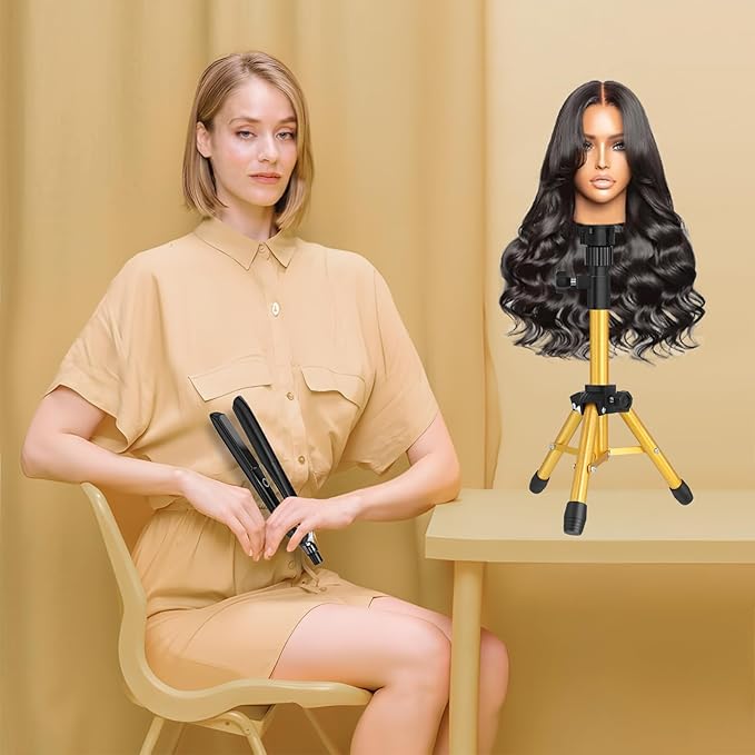 Wig Stand Tripod, 25 Inch Adjustable Mannequin Head Stand, Wig Head Stand for Training Heads And Canvas Block Head (Golden, Mannequin Head Not Included)