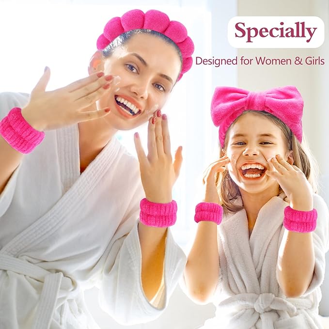 Canitor Spa Headband Wrist Bands Set with Hair Clips Skincare Skin Care Makeup for Washing Face Hot Pink Gifts for Women Preppy Tween Teen Girl Cute Trendy Stuff