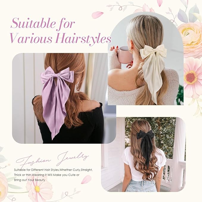 6 PCS Hair Bows for Women, Big Bow Hair Clips for Girls, Silky Satin Hair Bows Clips Oversized Long Tail, Large Cute Aesthetic Hair Accessories, Metal Bow Hair Clips Holiday Gifts