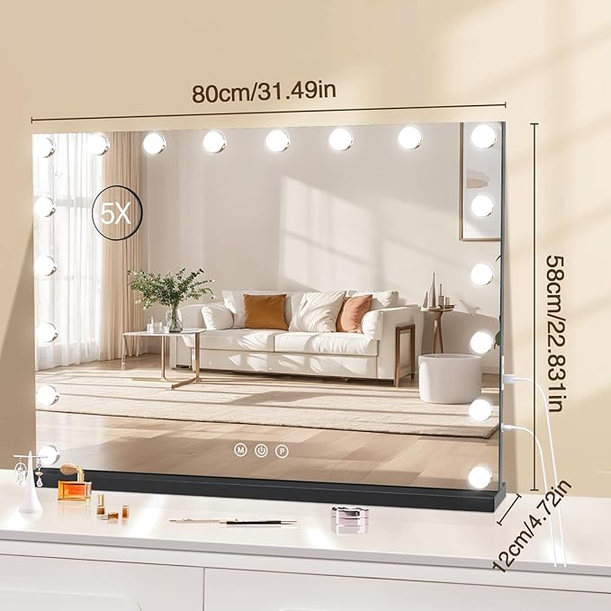 Vanity Mirror with Lights, 31.5" x 23.6" Large Makeup Mirror with LED Lights, Smart Touch Dimmable 3-Color Light, Memory Function, USB Charging Port Black