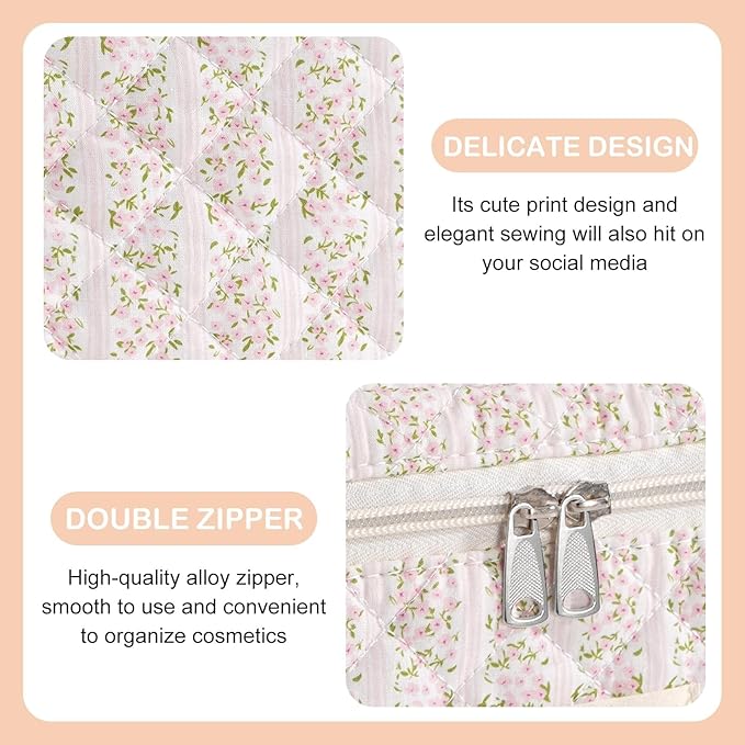 Makeup Bag for Women 3PCS Quilted Cotton Make Up Bag Travel Cosmetic Bag Large Makeup Bag Set Cute Makeups Organizer Floral Toiletry Pouch for Purse, Pink Floral C