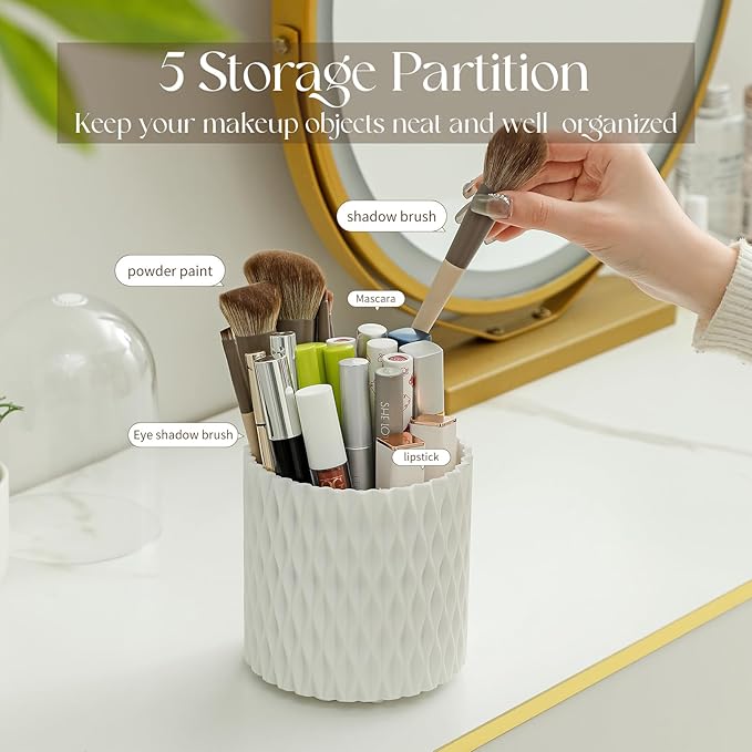 Makeup Brush Holder Organizer - 360° Rotating Makeup Brush Organizer 5 Slot Make up Brushes Cup for Cosmetics, Lipsticks, Art Supply, Bathroom Vanity Desktop Storage, White with Cover