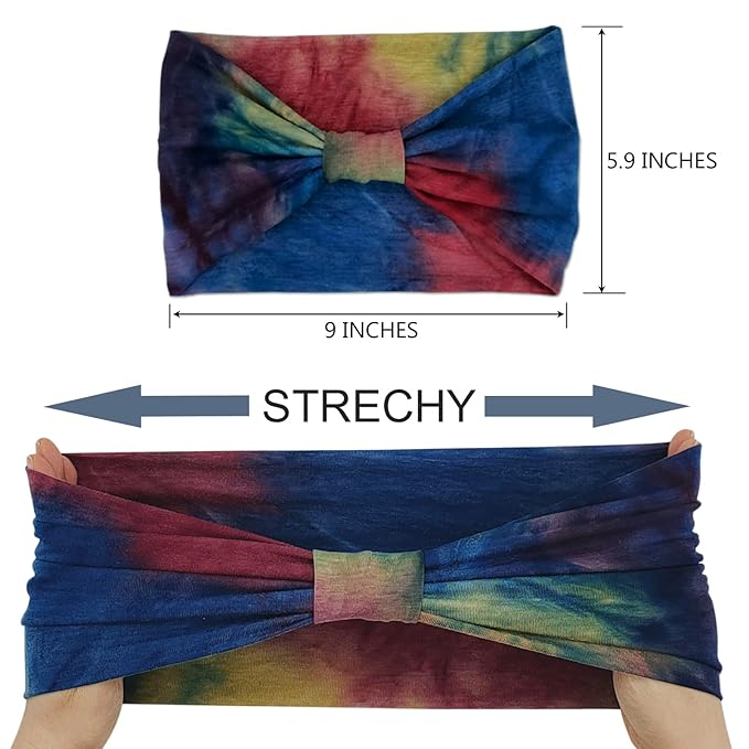 Wide Boho Headbands for Women Fashion Knotted Headband Yoga Workout Hair Accessories African Head Wrap Blue Tie Dye 4 Pack
