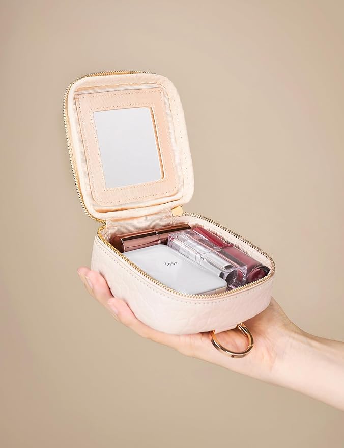 Small Makeup Bag with Mirror, Genuine Leather Mini Cosmetic Bag for Purse Makeup Pouch with Zipper Mini Toiletry Bag Cute Cosmetic Pouch for School, Travel, Car (Cream White)