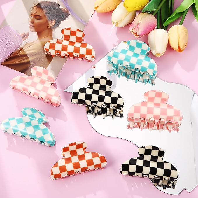 8 Pcs Large Acrylic Hair Claw Clips for Women Non-slip Strong Hold Jaw Clamps for Thick Thin Hair(Checkerboard,Neon Color)