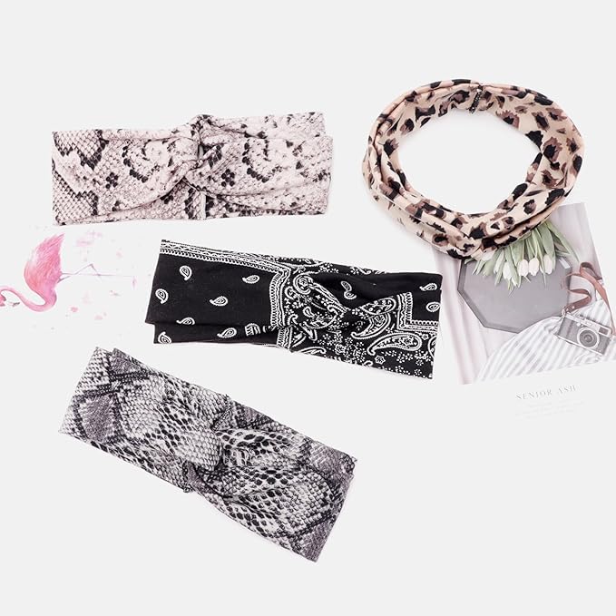 DRESHOW 4 Pack Boho Cotton Non-Slip Headbands for Women Girls Yoga Workout Running Knotted Turban Floral Elastic Head Wrap