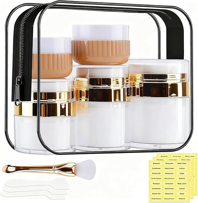 1.7/1/0.5oz Refillable Cosmetic Moisturizer Airless Pump Jar 3 Pack Bottles Travel TSA Size for Cream, Gels and Lotion with 2 Silicone Cream Jars BPA-Free