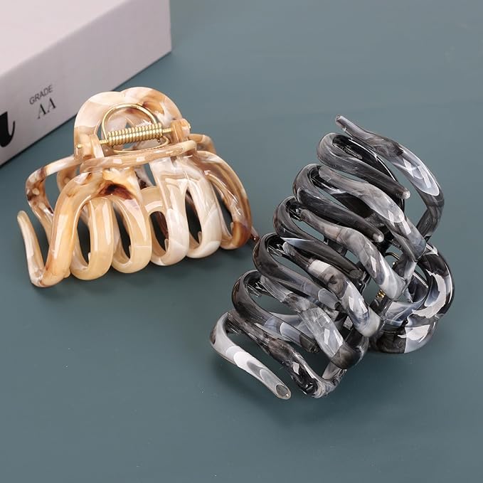 FAELBATY Octopus Multicolor French Claw Hair Clips, 2 Pcs, Ink Brown & Ink Grey, 3.5 x 2.4 Inches, Polycarbonate, Non-Slip Grip, Strong Hold for Long Thick Hair, Women & Girls