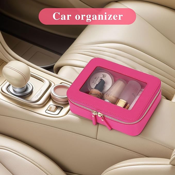 Clear Travel Makeup Bag with Brush Case Portable Transparent Cosmetic Bag and Toiletry Bag Waterproof Makeup Organizer with Zipper Car Essential for Women (Fuxia, M+Slim)