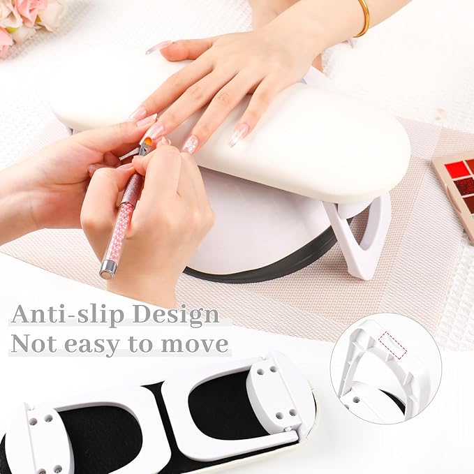 Nail Arm Rest, Professional Foldable PU Leather Nail Hand Rest with PVC Table Mat for Acrylic Nails, Soft Nail Hand Pillow Non-slip for Manicure Salon Use (higher-White)