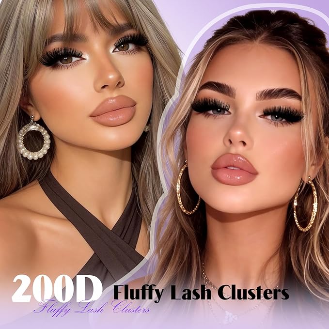 B&Q Fluffy Lash Clusters Thick 200D, Volume Eyelash Clusters 10-18mm, D Curl Cluster Eyelash Extensions, Supersoft Individual Lashes Wispy Cluster Lashes Dramatic Full Look Eyelash(200D)
