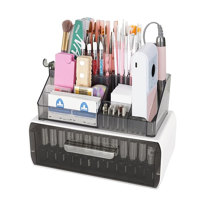 Nail Drill Polish Holder Stand- 2 Layers Nail Polish Storage Drawer- Professional 13 Holes Nail Drill Bits Holder & 40 Holes Nail Brush Pens Organizer Case Storage Box for Manicure Tools