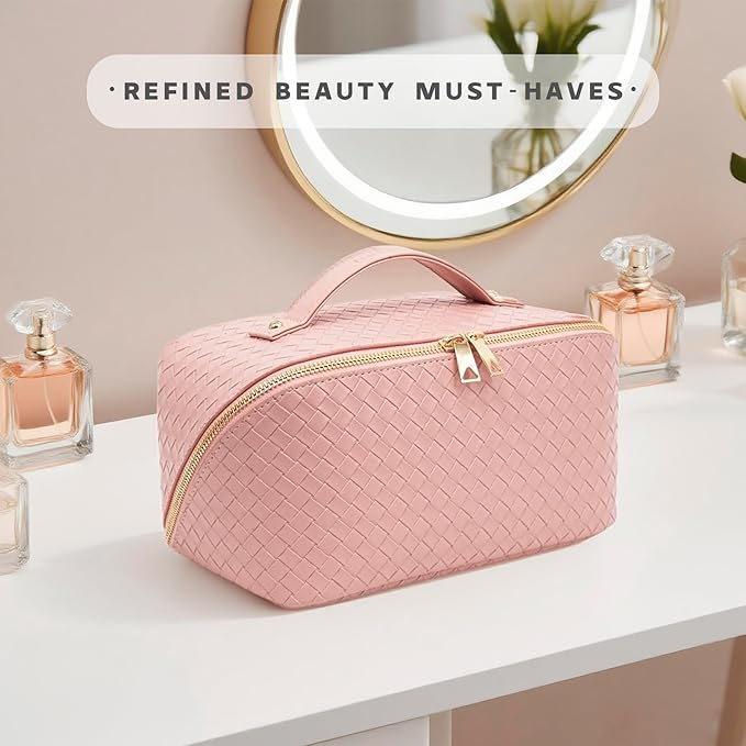 JINYIBAGS Travel Makeup Bag – Large Cosmetic Organizer with Waterproof PU Leather, Smooth Double Zipper & Tear-Resistant Lining, Toiletry Pouch for Women (Pink)