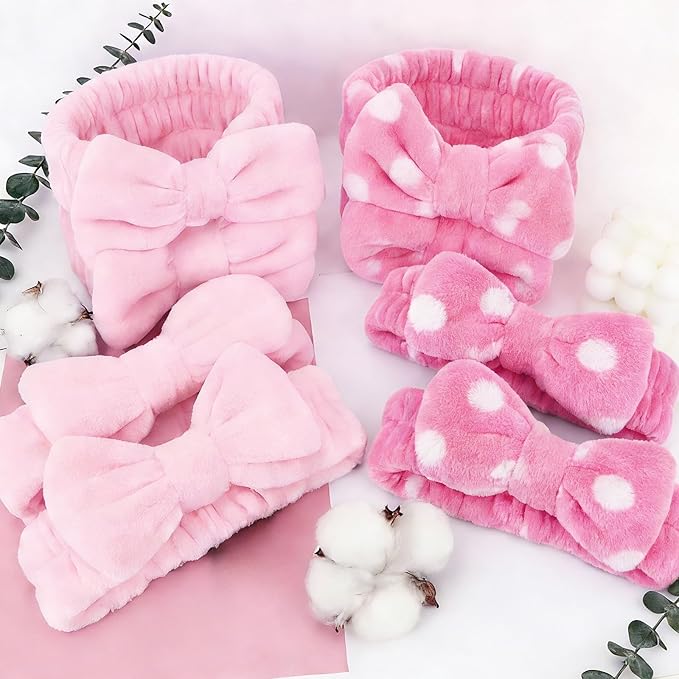 10 Pack Pink Bow Skincare Headbands - Plush Spa Headbands for Women & Girls with Polka Dot & Solid Designs for Valentine's Day, Skincare, Yoga, and Party Favors