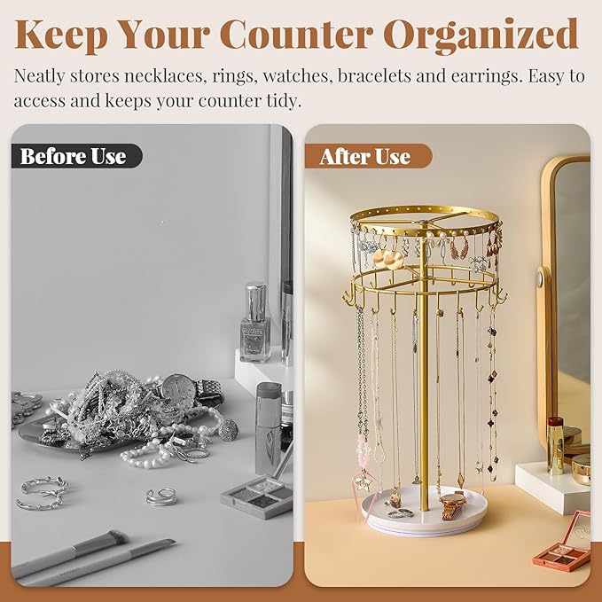 LANDNEOO Necklace Holder Jewelry Organizer, 360° Rotating 3-Tier Jewelry Stand Display, 14.3" Holds 80 Pcs, Earring Holder, Bracelet Ring Holder, Jewelry Organizer and Storage For Women Vanity Dresser