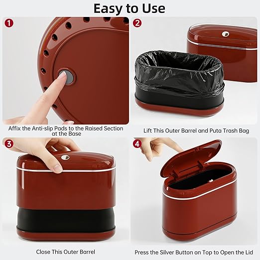 Mini Trash Can for Desk with 5 Rolls of Trash Bags, Small Press-Top Countertop Garbage Bin, Removable Waste Basket for Bedroom, Vanity, Coffee Table, Kitchen (Red Full-Lid)