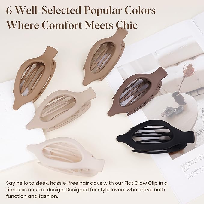 6 PCS Large Flat Hair Clips for Women Girls, French Concord Lay Down Flat Claw Clips for Thick Thin Hair, Comfortable Curved Flat Clip, Matte Non-slip Strong Hold Hair Accessories, Neutral