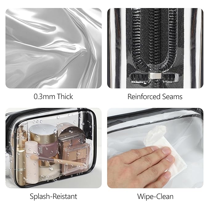 PACKISM TSA Approved Toiletry Bag - Clear Makeup Bag 3 Pack Medium, Quart Size Bag for 3-1-1 Liquids with Metal Smooth Zipper, Travel Makeup Bag for Women Men, Airport Airline Compliant Bag, Black