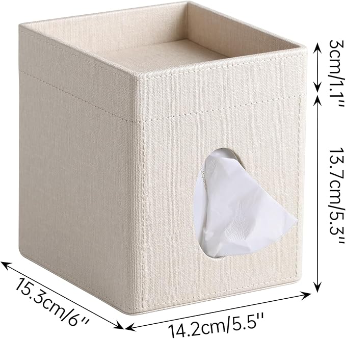 Tissue Box Cover, PU Leather Square Tissue Box Holder with Storage Tray for Bathroom Vanity Countertop Night Stands Bedroom Office Desk, Stylish Tissue Holder Decorative Organizer (Linen)