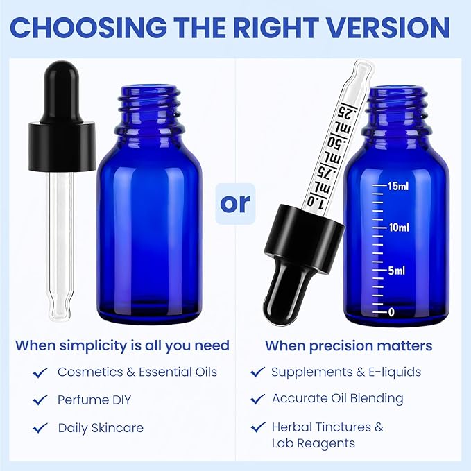 50 Pcs 1/2oz Blue Glass Dropper Bottles with Measurement, 30ml Leakproof Tincture Bottles with Funnels, Eye Droppers, Extra Caps & Labels, Refillable Empty Bottles for Tinctures, Essential Oils