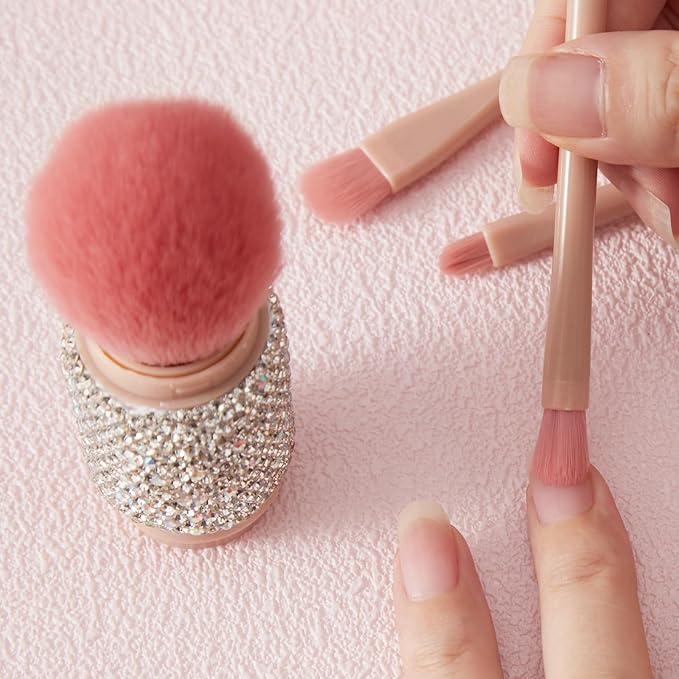 WOKOTO 4 in 1 White Diamond-Embellished Makeup Brushes - Nail Art Dust Powder Remover Brush, Eye Shadow, Lip & Foundation Brush, Soft Nail Art Dust Cleaner Brush for Acrylic Application and Makeup
