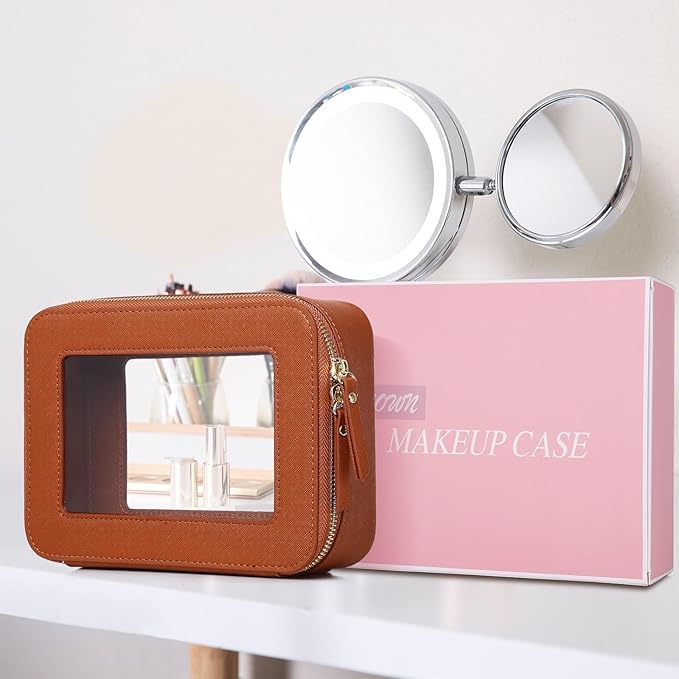 Clear Makeup Bag Women's Waterproof Travel Cosmetic Case and Toiletry Bag Portable Makeup Organizer Bag for Car with Zipper (Brown, M)