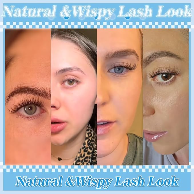 Wispy Lash Clusters Kit Invisible Thin Band Natural Eyelash Clusters 8-16mm Lash Extension Kit Mix Length Clear Band Natural Look Cluster Eyelash Extensions With Lash Bond DIY Lash At Home(Wispy02)