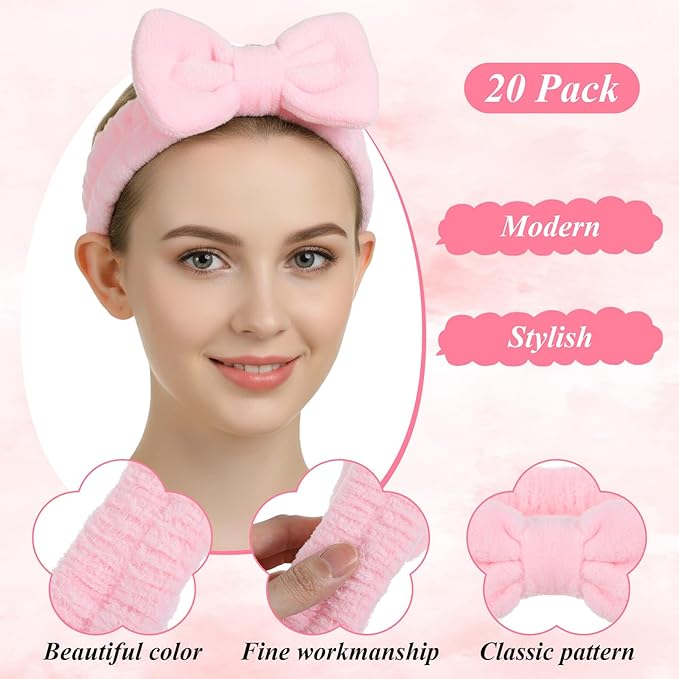 20 PCS Spa Headband, Makeup Headbands for Girls, Non-slip Wide Facial Headband for Washing Face, Spa, Skincare & Sleeping, Soft Flannel Bowtie Design (Pink)