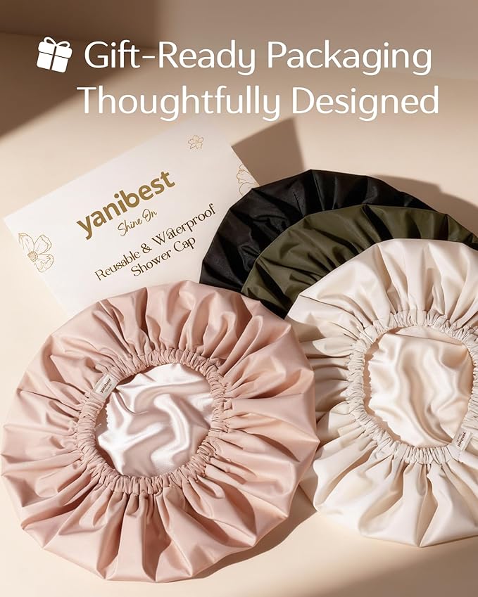 Yanibest Satin Lined Shower Cap for Women Reusable Waterproof, Frizz Free & Large Bath Cap with Soft Elastic Band, Luxury Hair Protection Caps (Green)