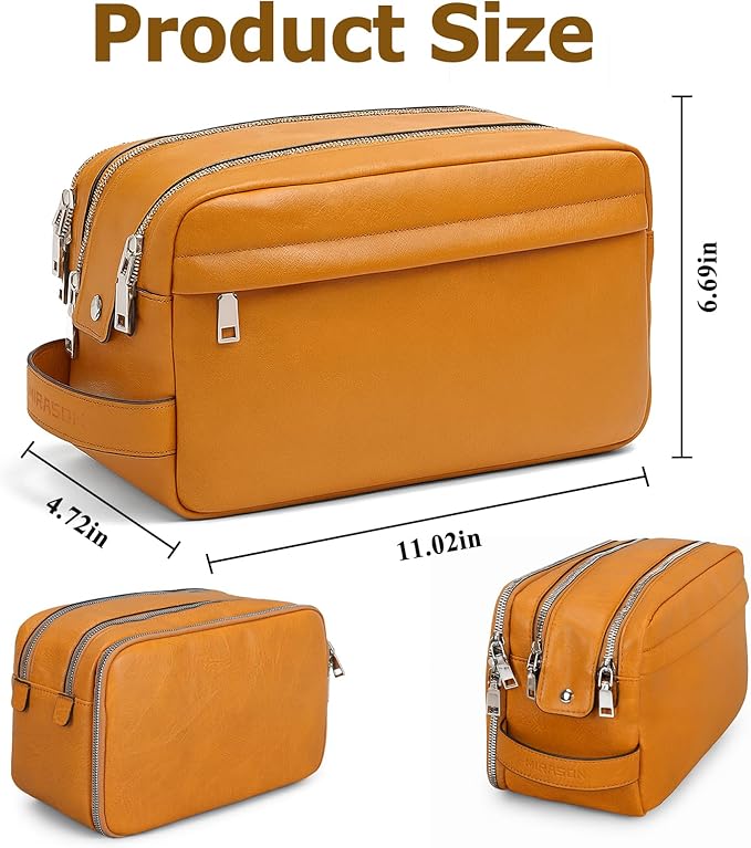 MIRASON Travel Toiletry Bag for Men Leather Travel Bag for Toiletries, Dopp Kit Water-resistant Shower Bag for Shaving Bathroom Organizer Gifts for Men, Brown