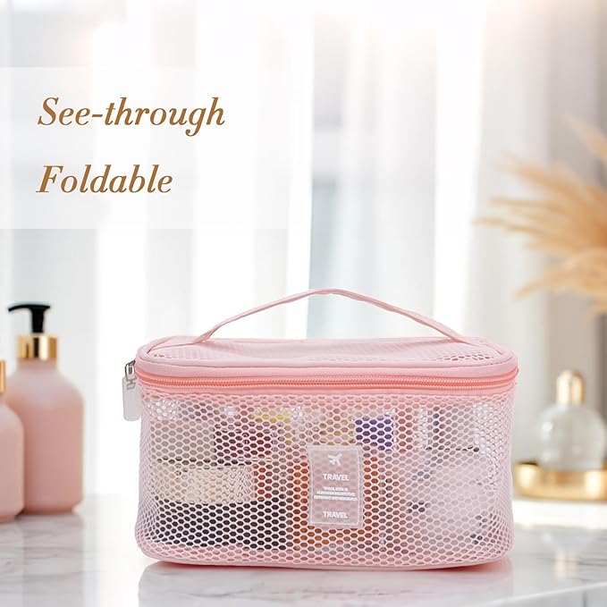 Mesh Makeup Bag, Breathable Cosmetic Bags with Zipper, Travel Lightweight Make Up Organizer Mesh, Toiletry Bag with Handle for Women Girls Gift, Pink