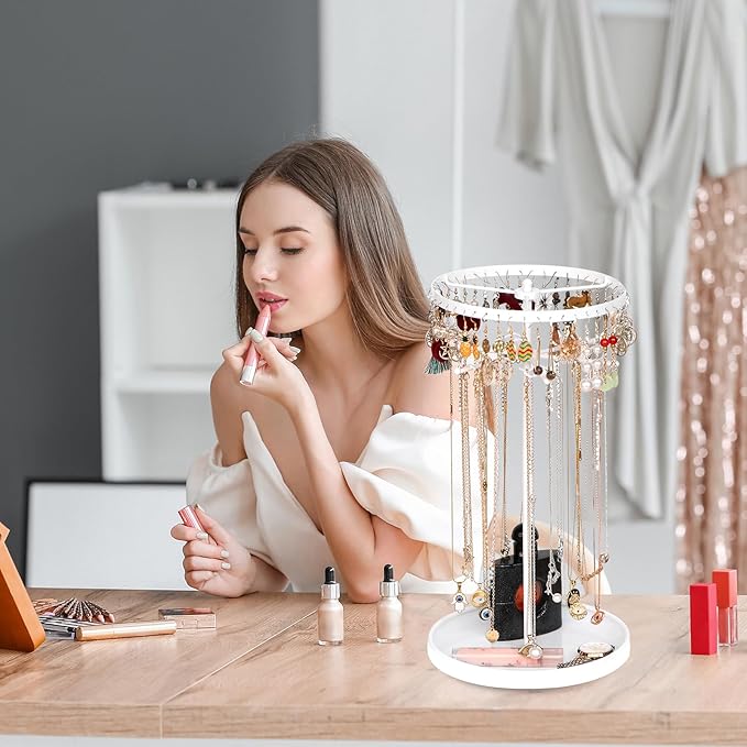 360 Rotating 2-Tier Jewelry Organizer Stand, Large Earring Holder Organizer with 48 Holes for Studs,24 Prongs for Necklaces, Wide Base for Bracelets, Watches, Lipstick, Jewelry Display Stand for Women