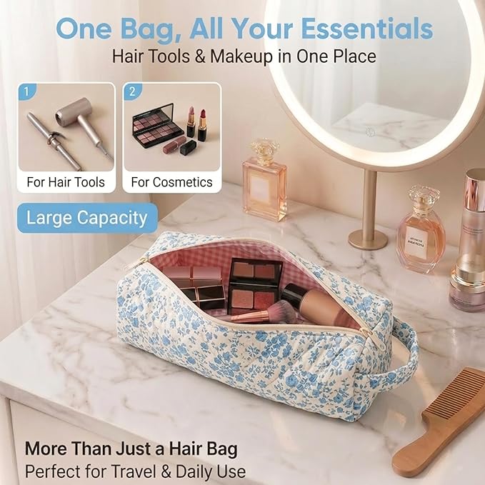 Hair Tools Travel Bag, Soft Compact Case Compatible with Dyson Airwrap & Shark Flexstyle, Curling Iron & Flat Iron Storage Organizer, 14" Portable Hair Accessories Bag(Blue Flower)