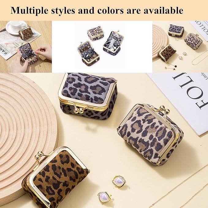 Genuine Leather Mini Jewelry Box, Small Portable Jewelry Organizer Box,Vintage-Inspired Travel Jewelry Case Organizer Kiss Lock for Women for Earring/Ring/Necklace/Bracelet (Golden S 2.56in)