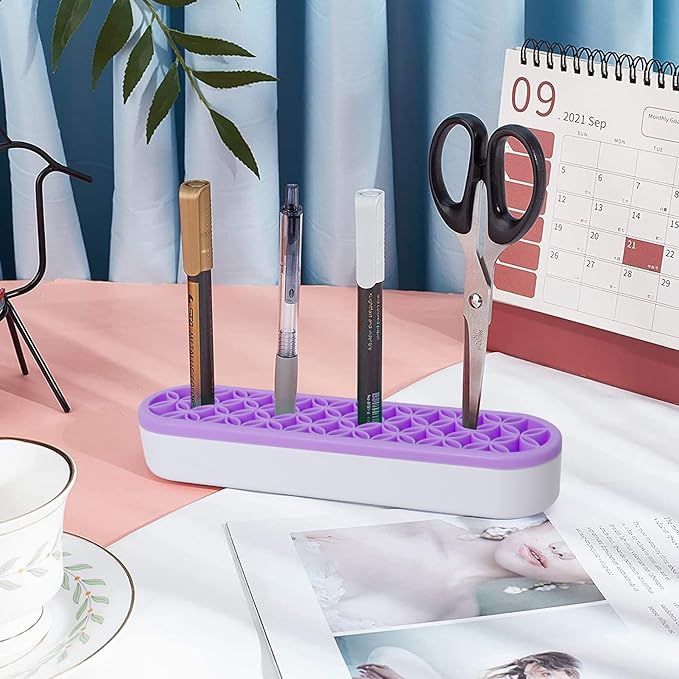 Unaone Silicone Makeup Brush Holder, Multipurpose Beauty Tool Organizer Make up Brush Storage Stand for Painting Pen Brushes Nail Clippers Drill Pens Ruler Sewing Craft Tools (Purple)