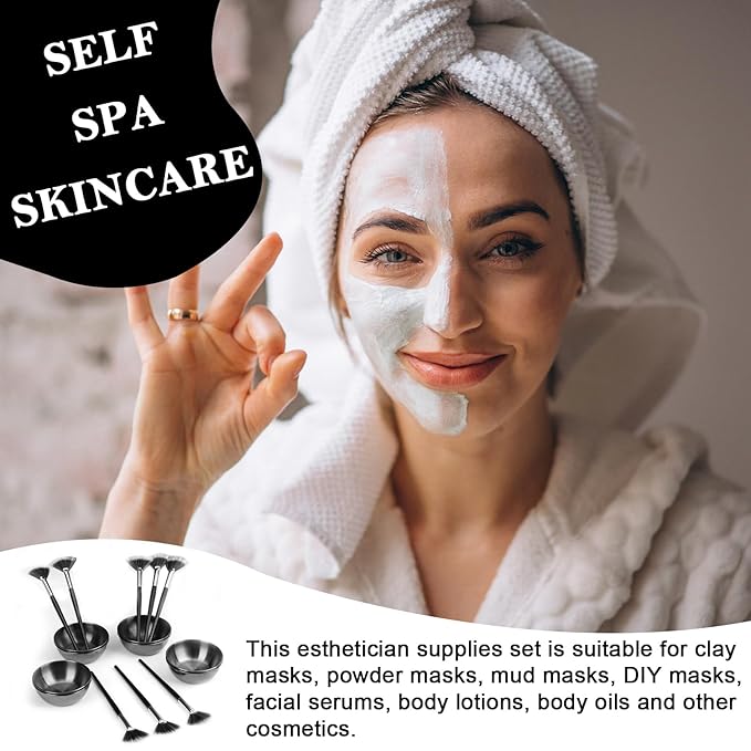 16 Pcs Black Facial Bowl and Brush Set 8 Black Stainless Steel Mixing Bowls Facial Mixing Bowls Esthetician 8 Facial Fan Brushes Esthetician Face Mask Brush for Mud Cream Makeup Spa Salon Women