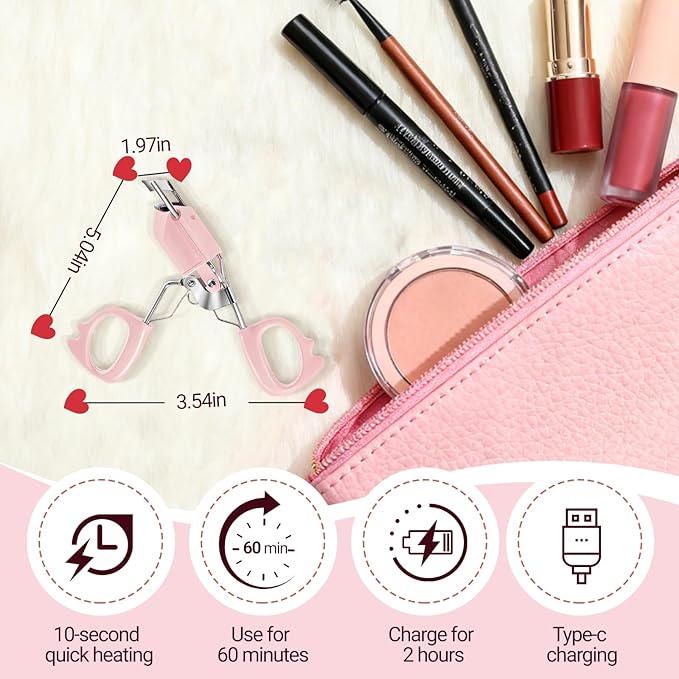 Heated Eyelash Curler Electric Eyelash Curlers 8s Fast Heating Lash Curler Safe Anti-Burn Lash Curler Intelligent Temp Control rizador de pestañas for 24H Long Lasting Curls (Pink)