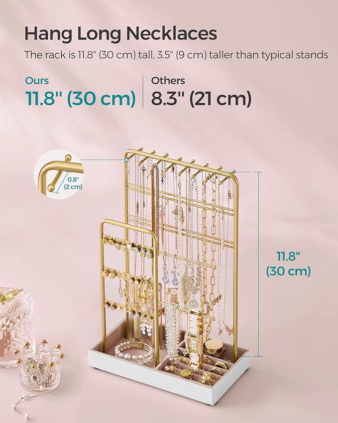 SONGMICS Set of 2 Jewelry Holders, Jewelry Organizers Display Stands with Metal Frame, Velvet Tray, Necklace Earring Bracelet Holders, for Studs, Rings, Gift Idea, Pale Gold UJJS021A01V1-2J