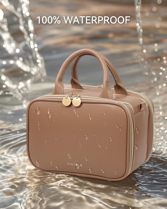 Prite Makeup Bag for Women, Large Capacity Waterproof Travel Cosmetic Organizer, Portable Open Flat Toiletry Bag with Free-standing Brush Holder and Handle(Brown Large)