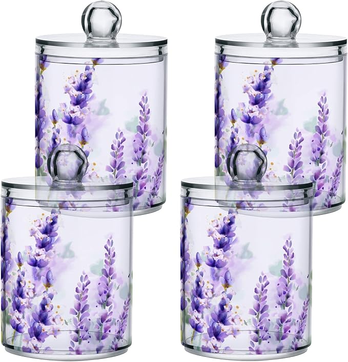 2 Pack Qtip Holder Dispenser Purple Lavender Storage Canister Bathroom Acrylic Plastic Apothecary Jars Vanity Organizer Lid for Cotton Swab/Ball/Pad