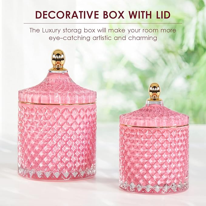 2 Pack Glass Qtip Holder Apothecary Jars Bathroom Jars with Lids for Room Decor, Pink Bathroom Accessories Storage Organizer, Cotton Ball Pad Round Swab Holder sets Pink Decor, 20oz+10oz