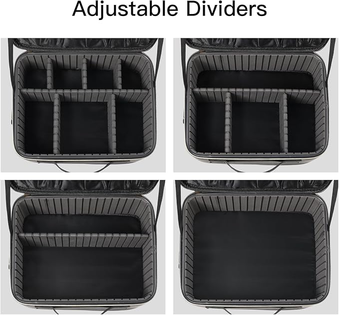 Makeup Travel Case, 12 Inch Makeup Organizer Bag with Compartment and Dividers, Portable Cosmetic Bag for Women with Brush Storage Sturdy Dual Zip Closure, Waterproof, Durable, Gift for Her, Black